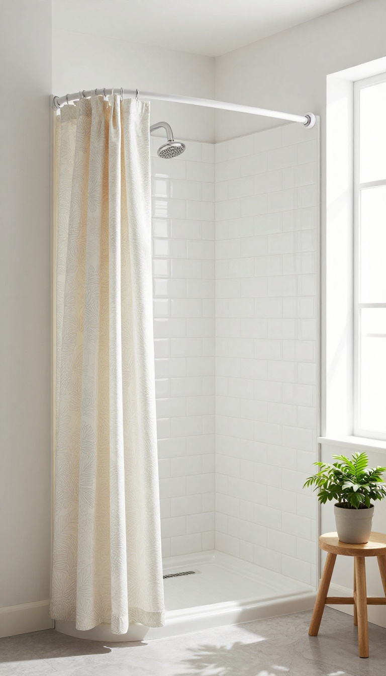 Small walk-in shower with a curved rod and light patterned shower curtain, open and airy feel