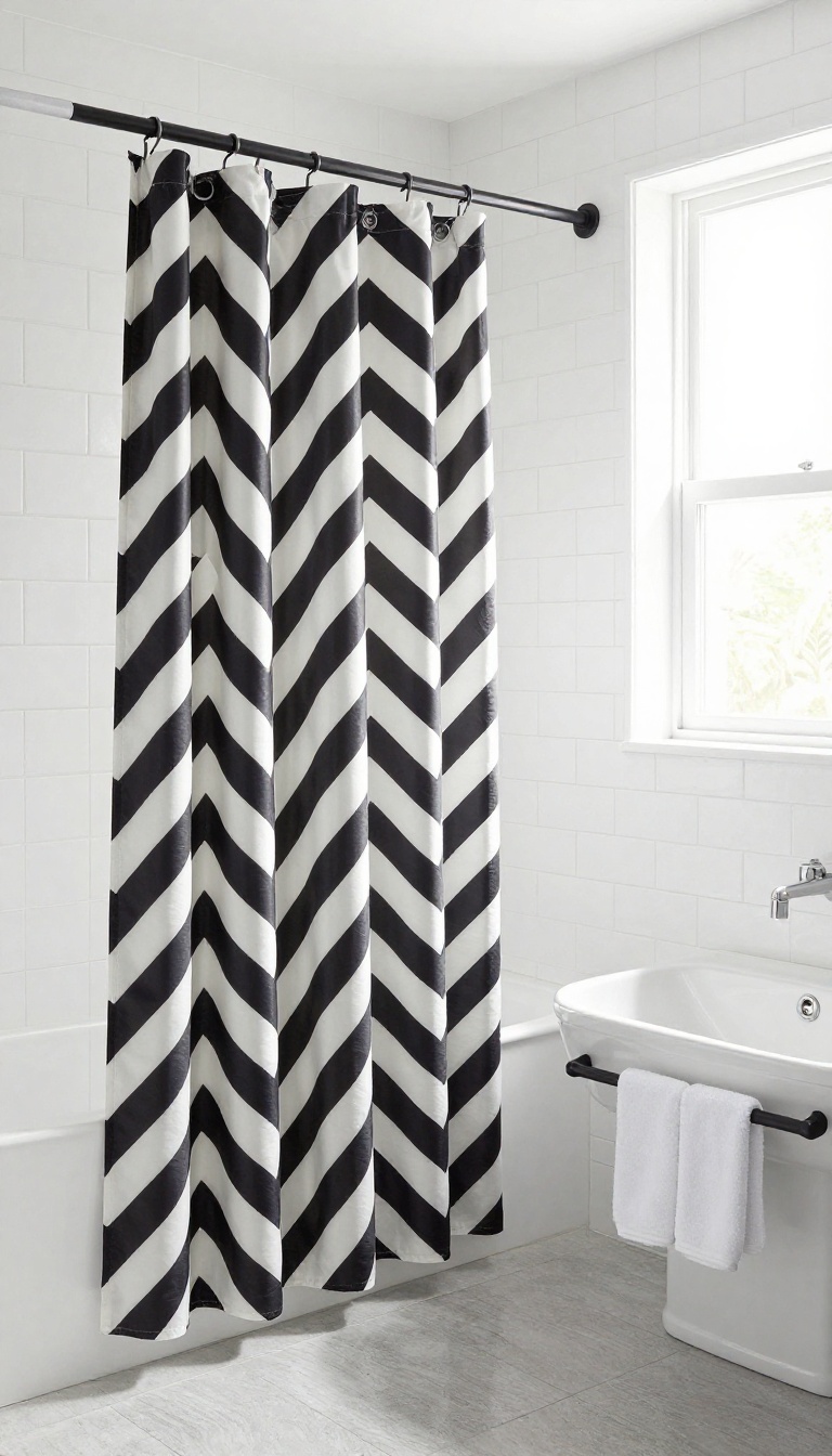 High black and white geometric patterned shower curtain in a bright, neutral bathroom with matte black fixtures and natural light.