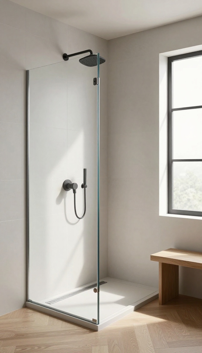 Modern walk-in shower with a sleek linear drain and large-format tiles in bright natural light