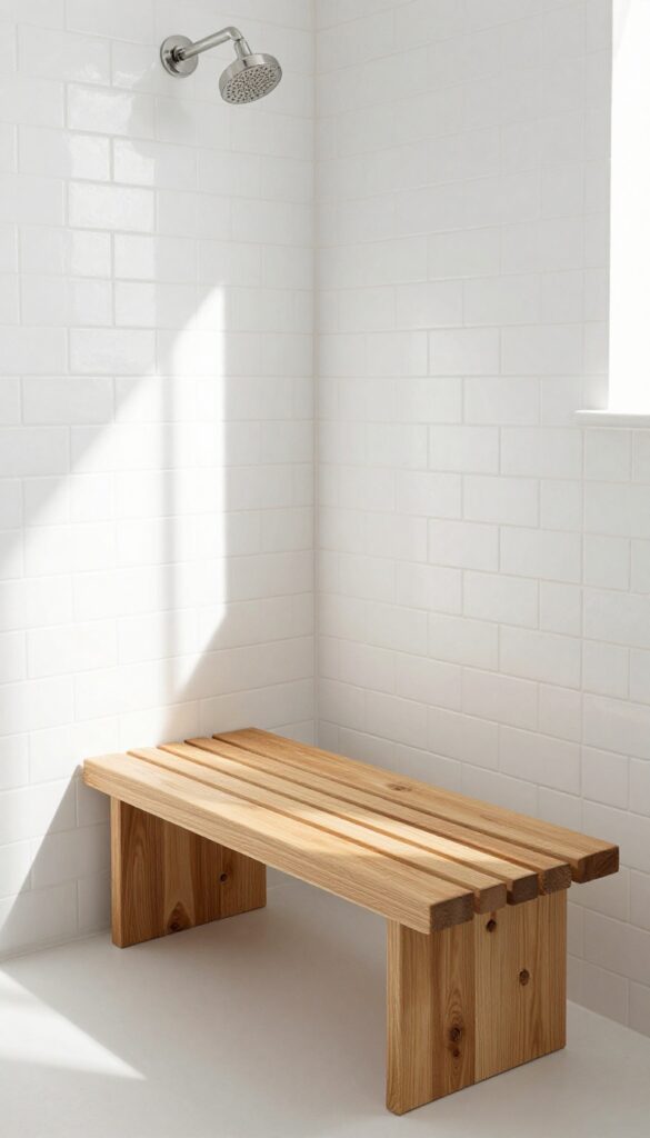 Classic white subway tile shower with a warm teak corner seat, bright natural light, spa-like bathroom design