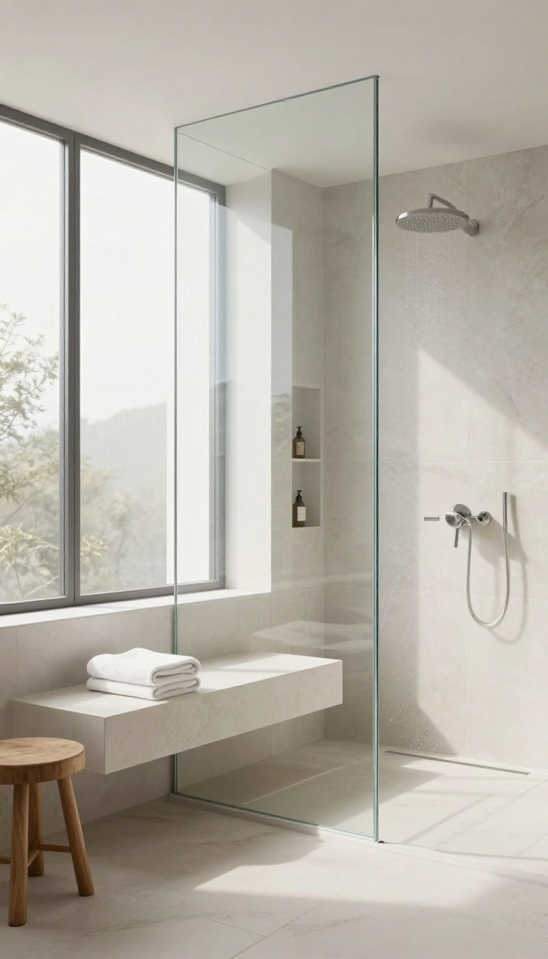 Floor-to-ceiling glass shower with built-in bench in a bright, modern bathroom