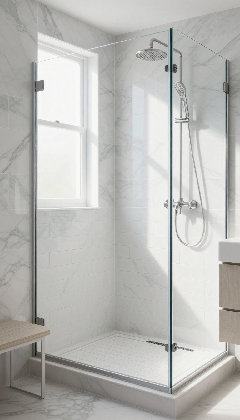 Marble and ceramic tile shower with natural light