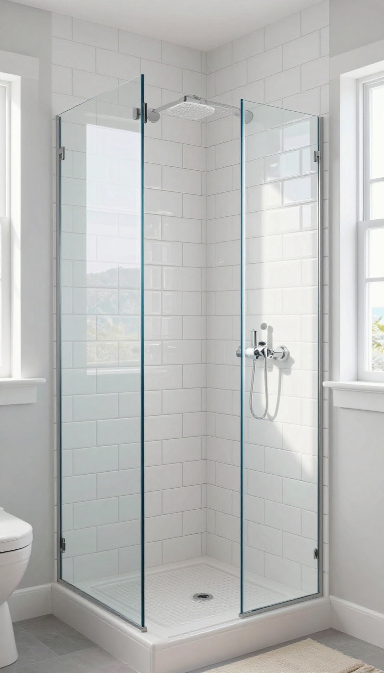 High-gloss white subway tile shower with deep navy blue grout in a bright coastal bathroom