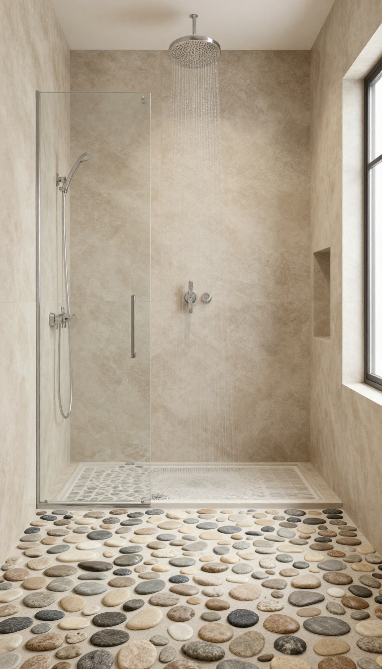 Walk-in shower with pebble floor and large neutral wall tiles