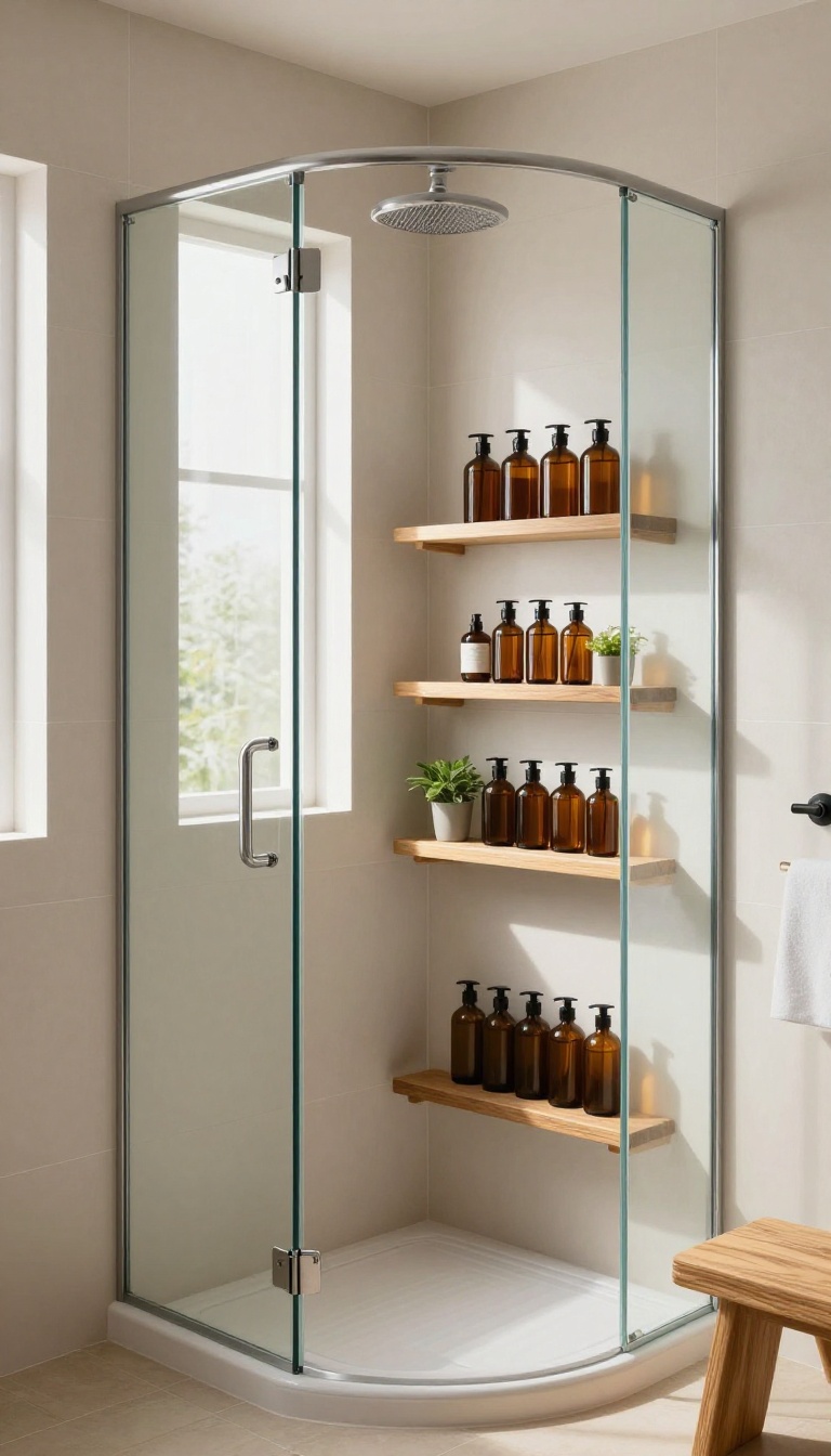Glass shelves with wooden accents inside a bright, spa-like shower