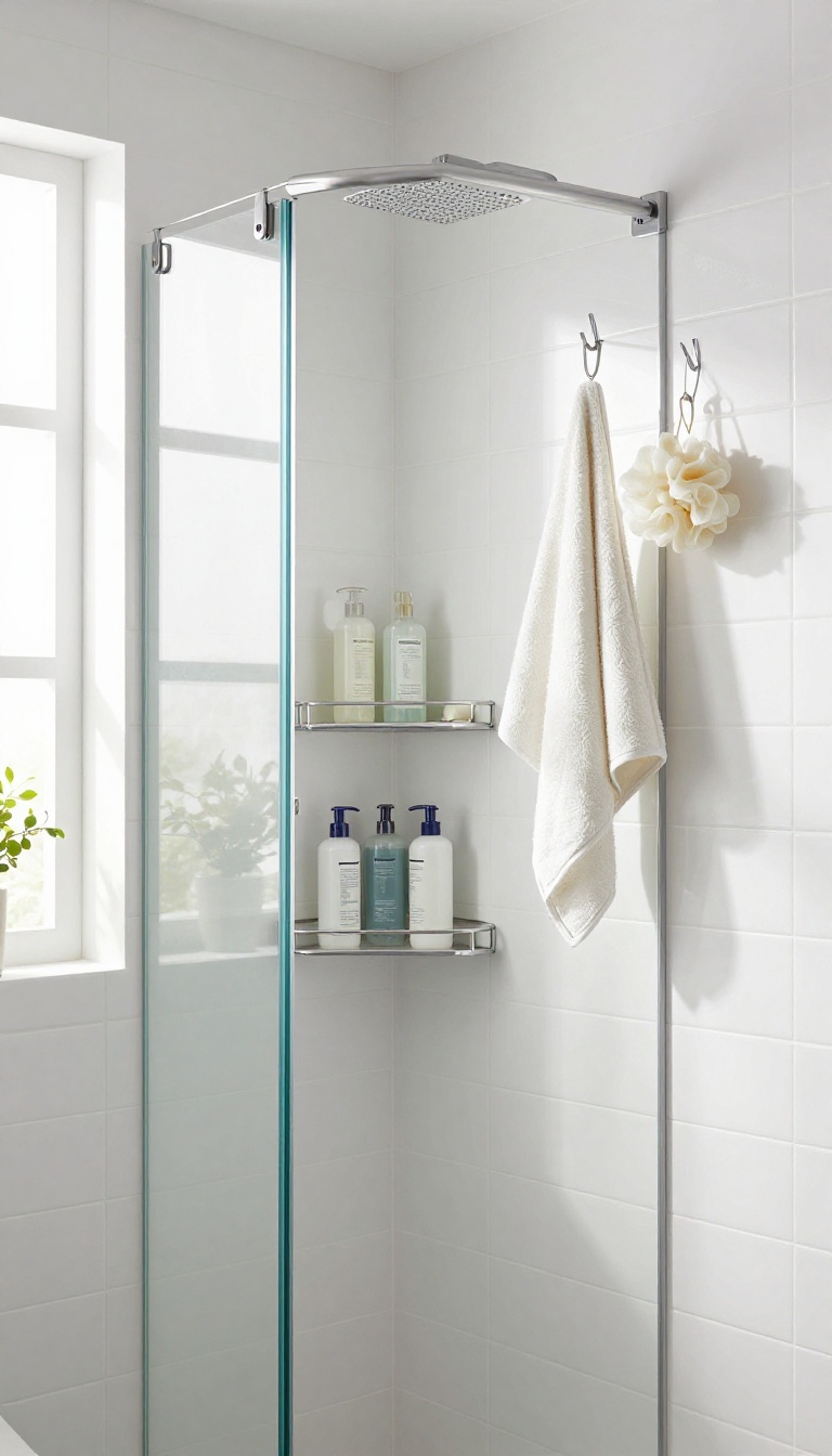 Compact stand-up shower with corner caddy and over-the-door hook for storage