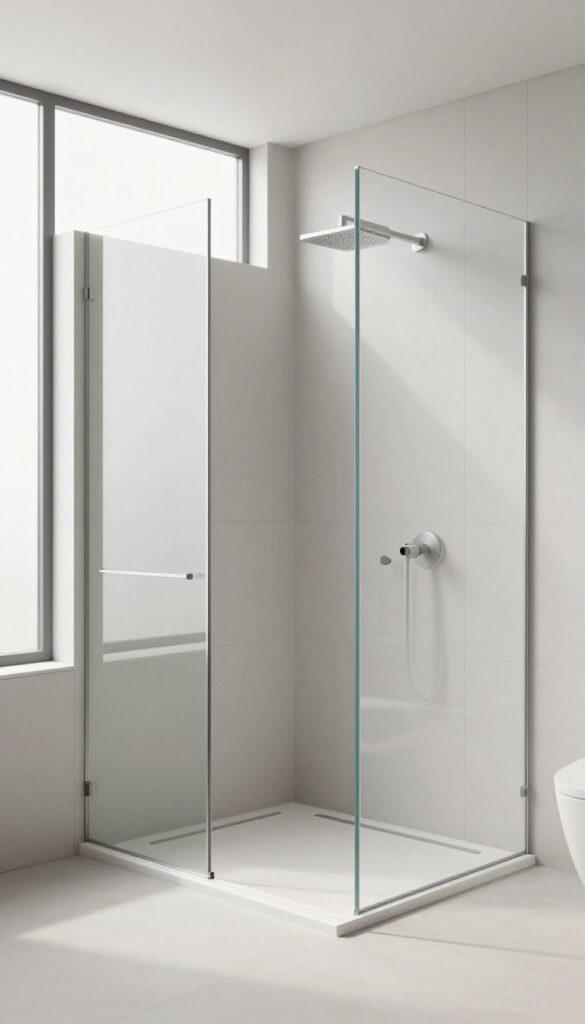 Slimline shower tray in a minimalist bathroom with seamless floor transition and frameless glass