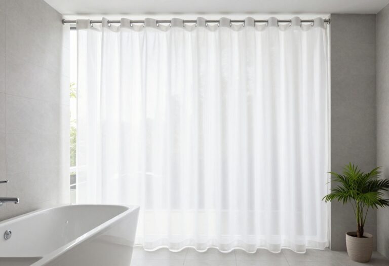 Modern bathroom with a double shower curtain setup featuring a white fabric curtain and clear liner on a curved rod