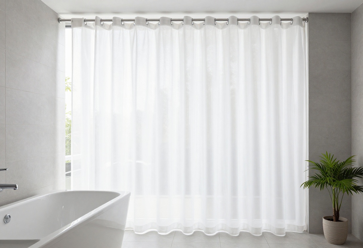 Modern bathroom with a double shower curtain setup featuring a white fabric curtain and clear liner on a curved rod