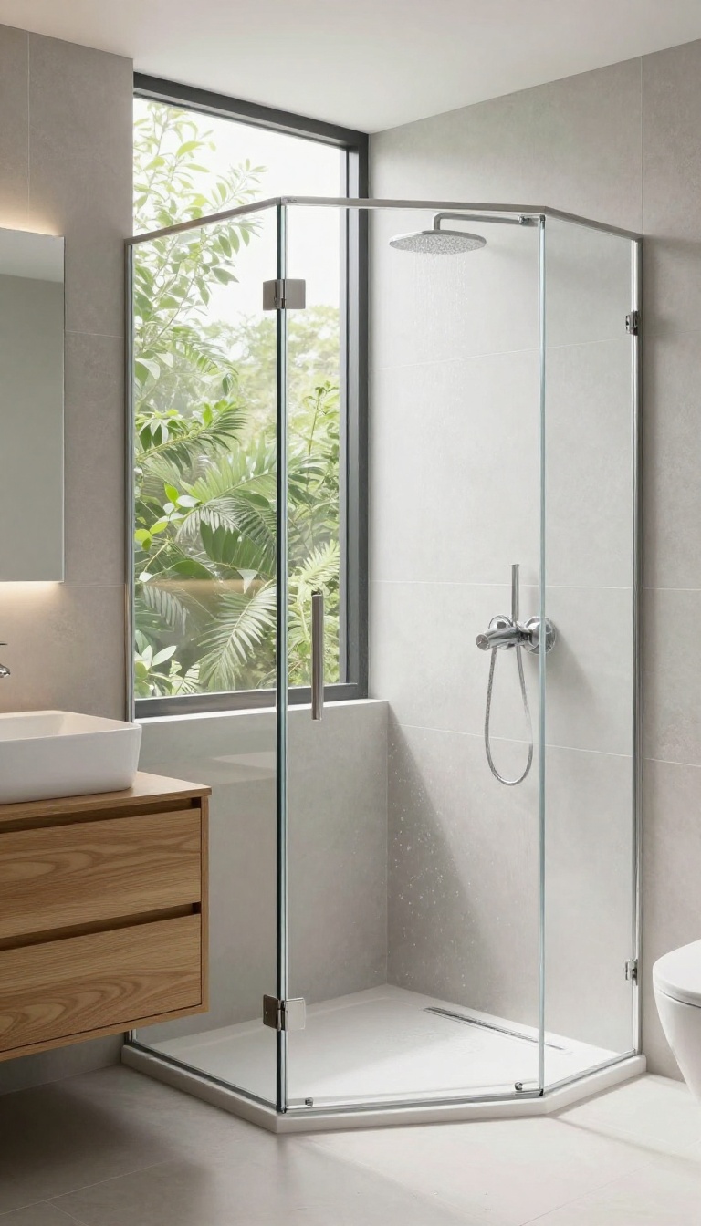 Open-plan bathroom with a wet room shower and minimal glass screen, no text overlay.