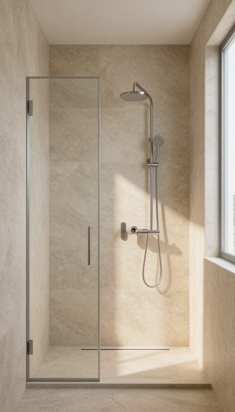 Coastal bathroom shower with textured stone-look tiles in soft beige and gray, natural light, spa-like atmosphere