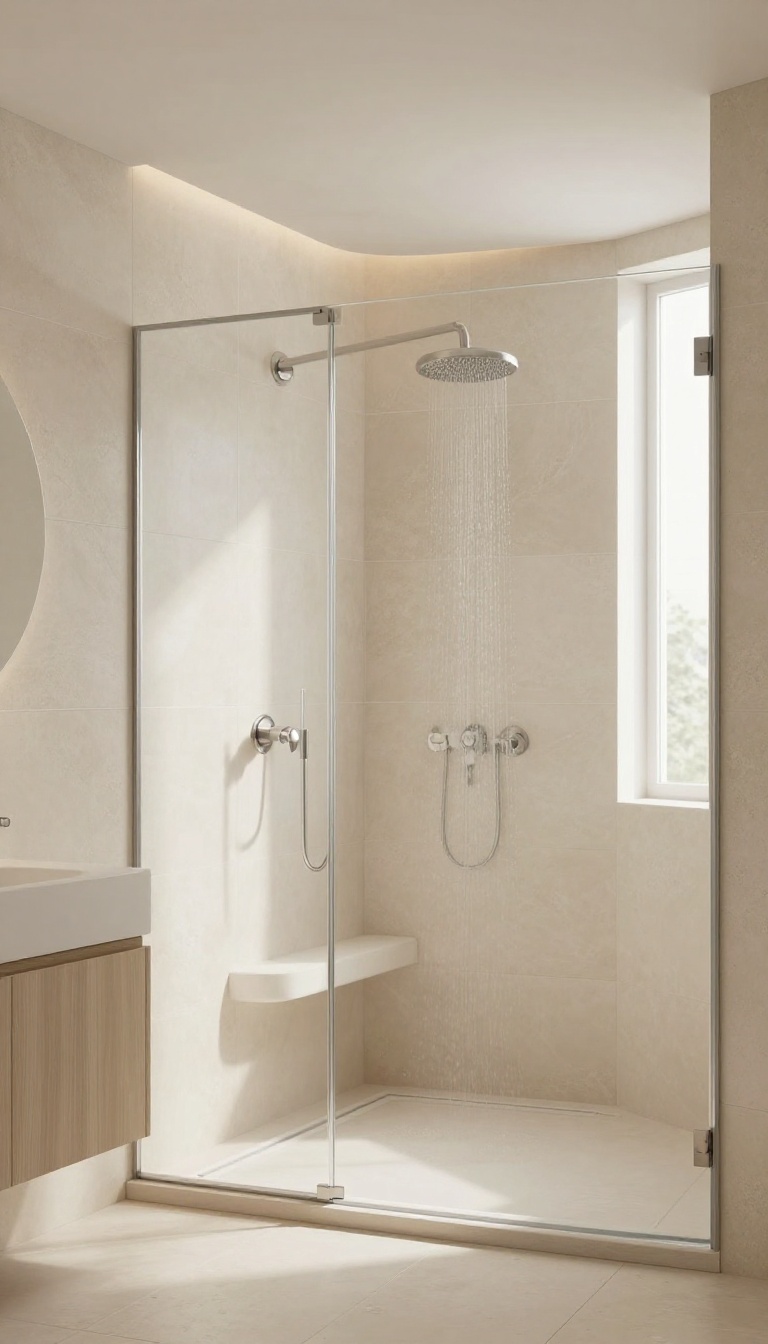 Curved pony wall in a modern bathroom with soft organic lines