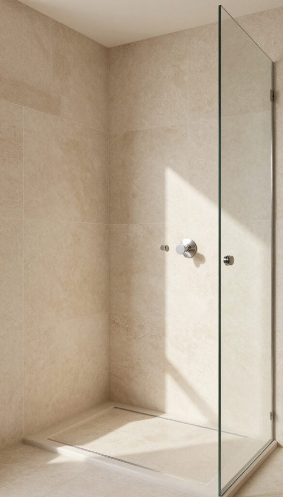 Large walk-in shower with natural stone tile and glass enclosure, spa-like bathroom design