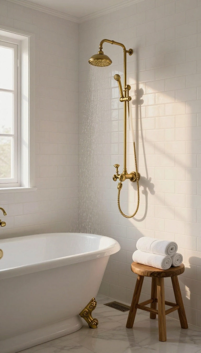 Antique-style shower head with oil-rubbed bronze finish above a clawfoot tub in a vintage-inspired bathroom