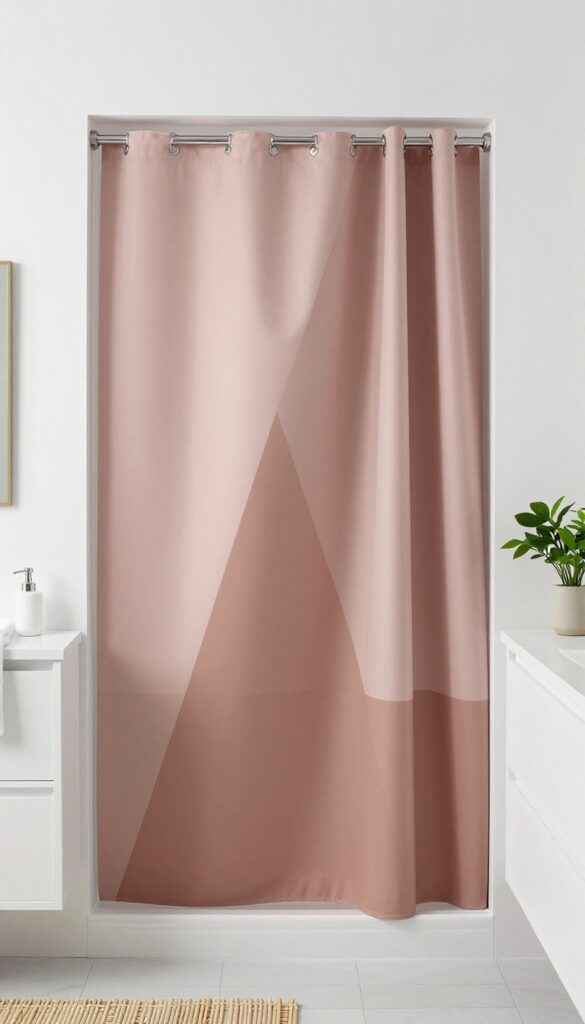 Modern bathroom with geometric triangle shower curtain in blush and terracotta, paired with bamboo mat and plants
