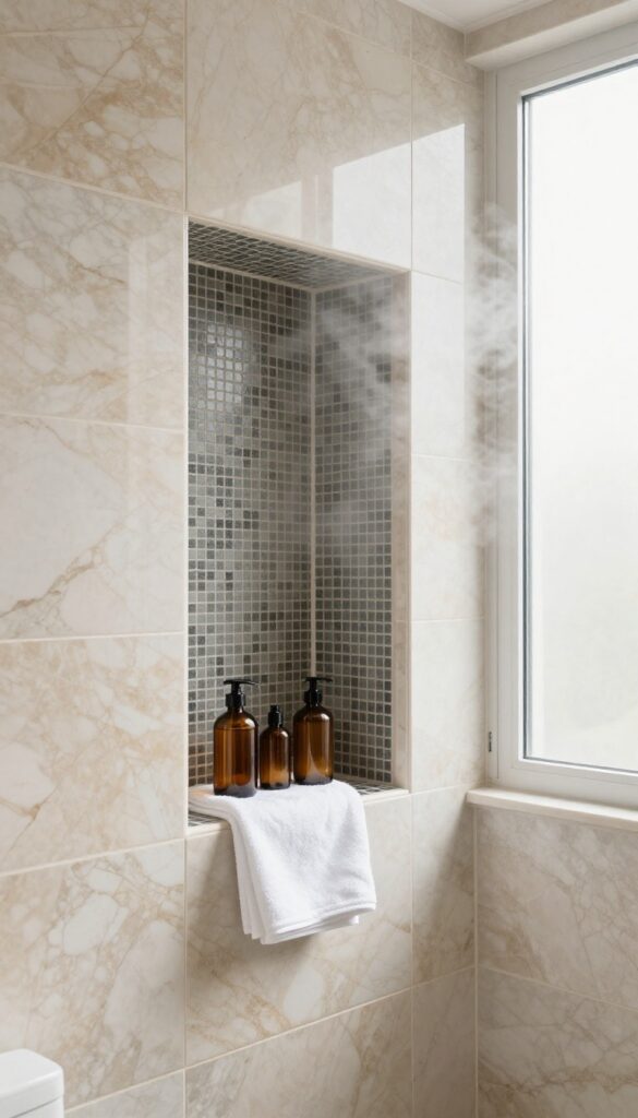 Small stand-up shower with a built-in niche holding toiletries and washcloths, tiled in marble and mosaic