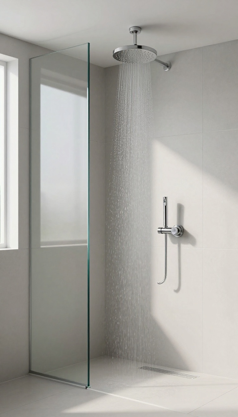 Zero entry shower with ceiling-mounted rain shower head in a minimalist bathroom