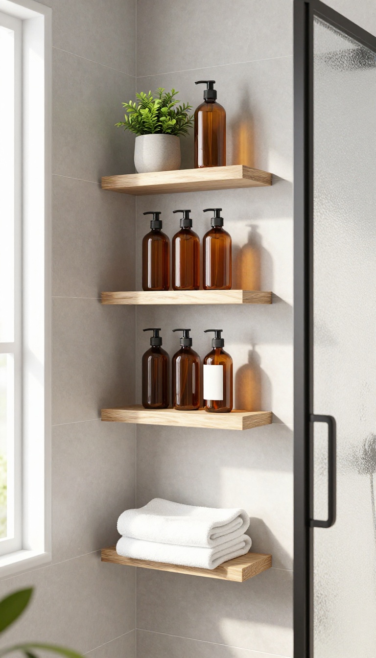 Floating teak shelves in a modern shower with neatly arranged toiletries and a small plant