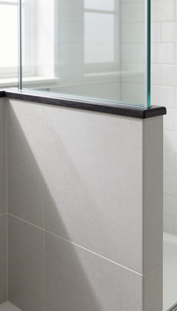 Close-up of a shower curb with light gray matte tiles and a contrasting dark glossy bullnose trim, in a bright modern bathroom.