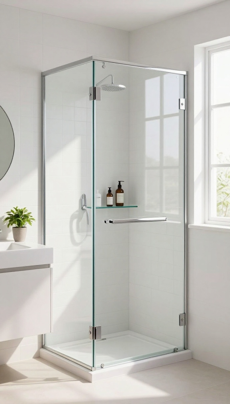 Bright small bathroom with a glass-enclosed corner shower, white tiles, and natural light