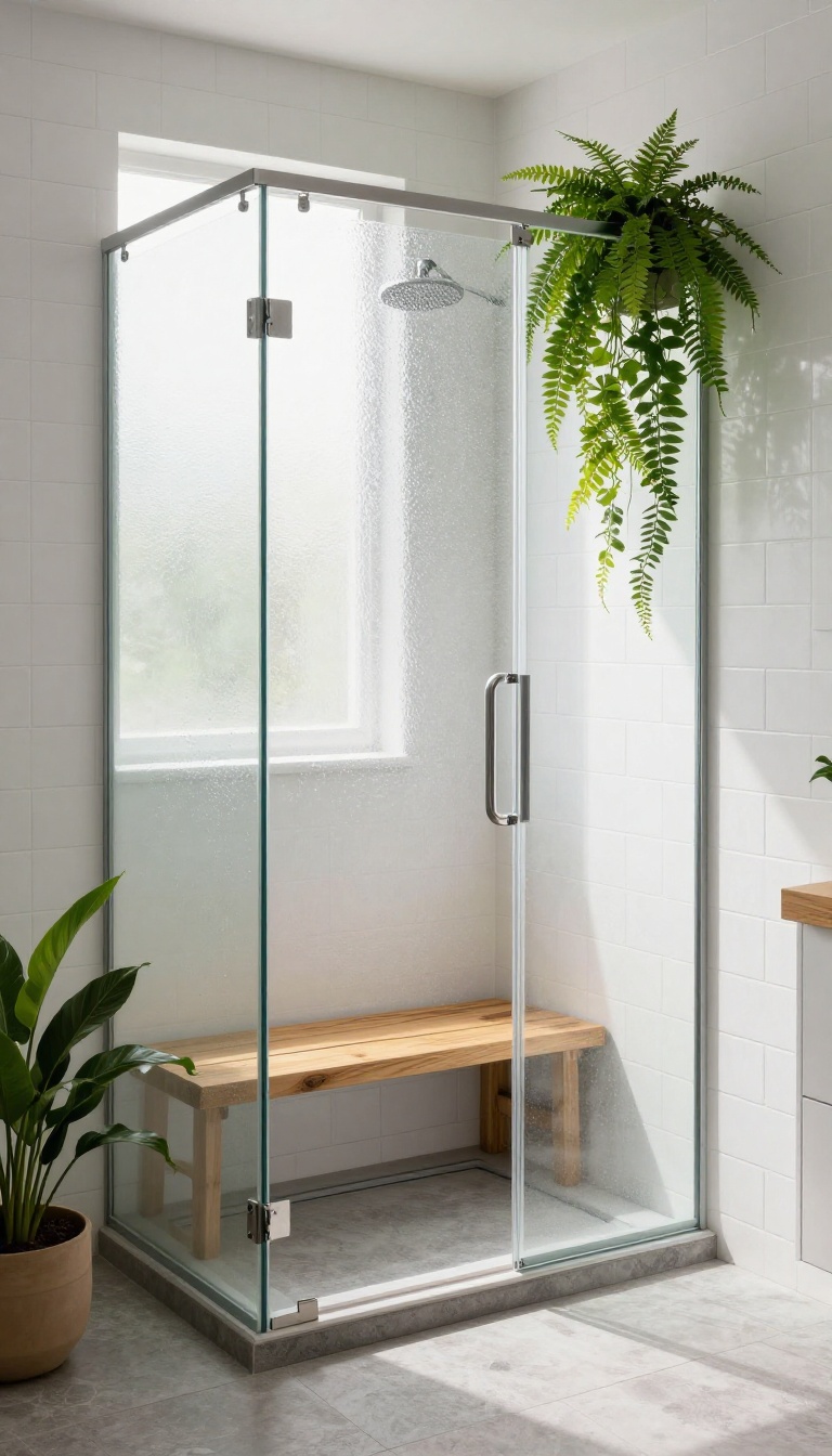 A bright modern shower with moisture-loving plants like ferns and peace lilies on a teak bench and corner caddy, creating a spa-like jungle retreat.