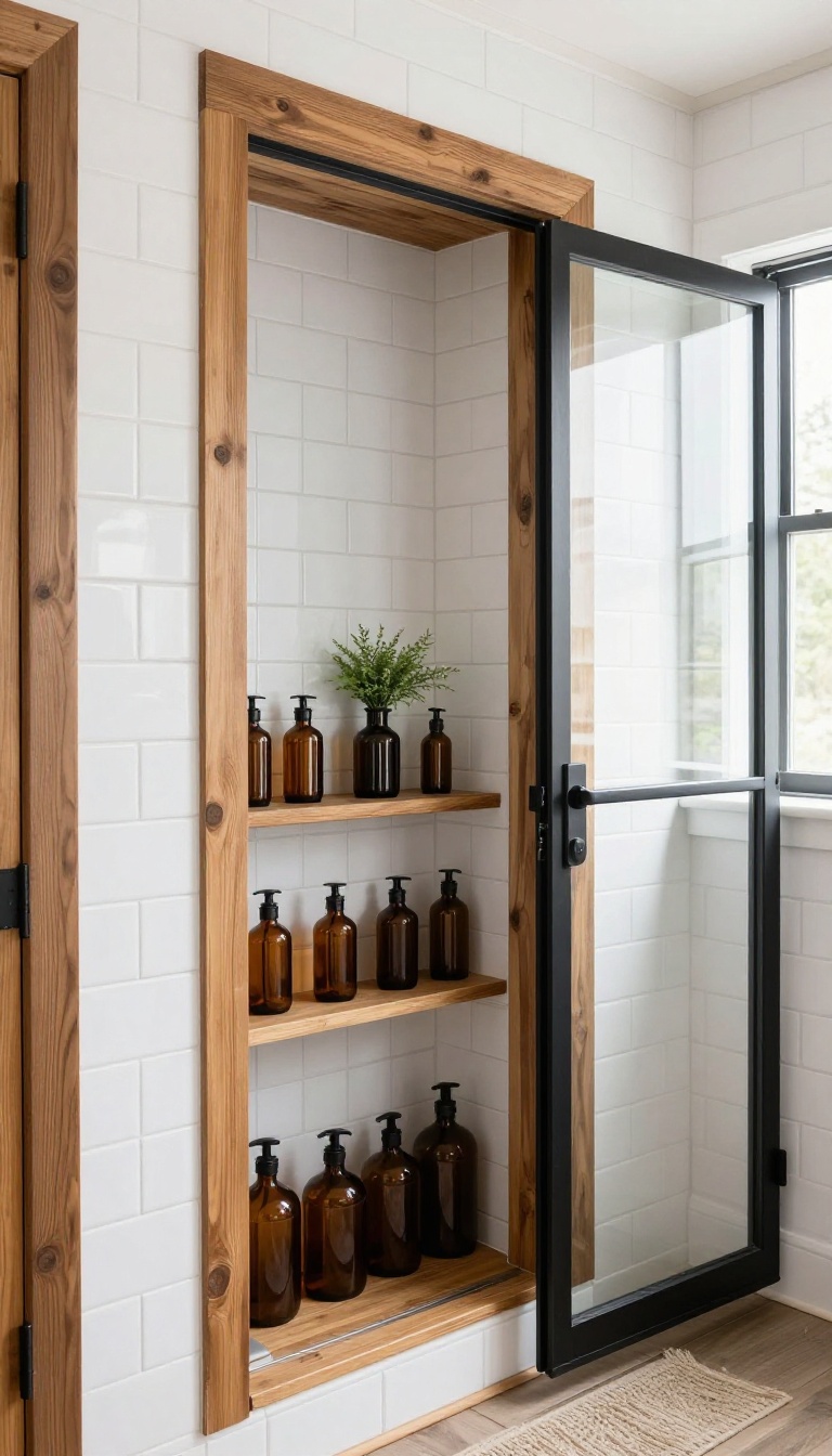 Farmhouse walk-in shower with a recessed niche framed in rustic wood trim, holding glass bottles and a plant