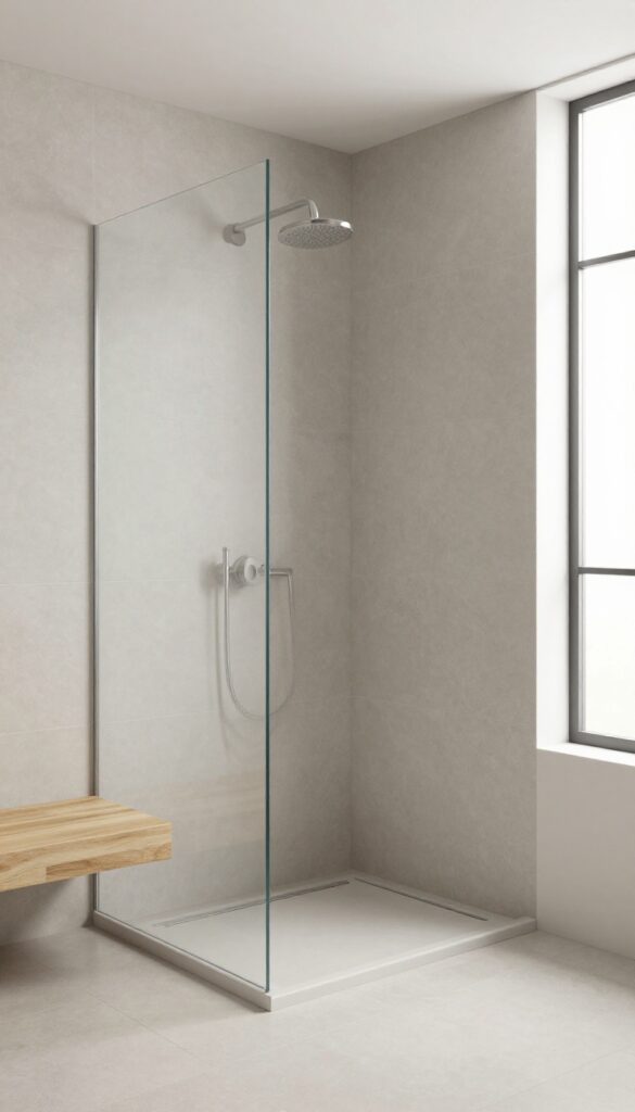 Modern walk-in shower with a floating wooden seat and linear drain, featuring large-format matte tiles and bright natural light.