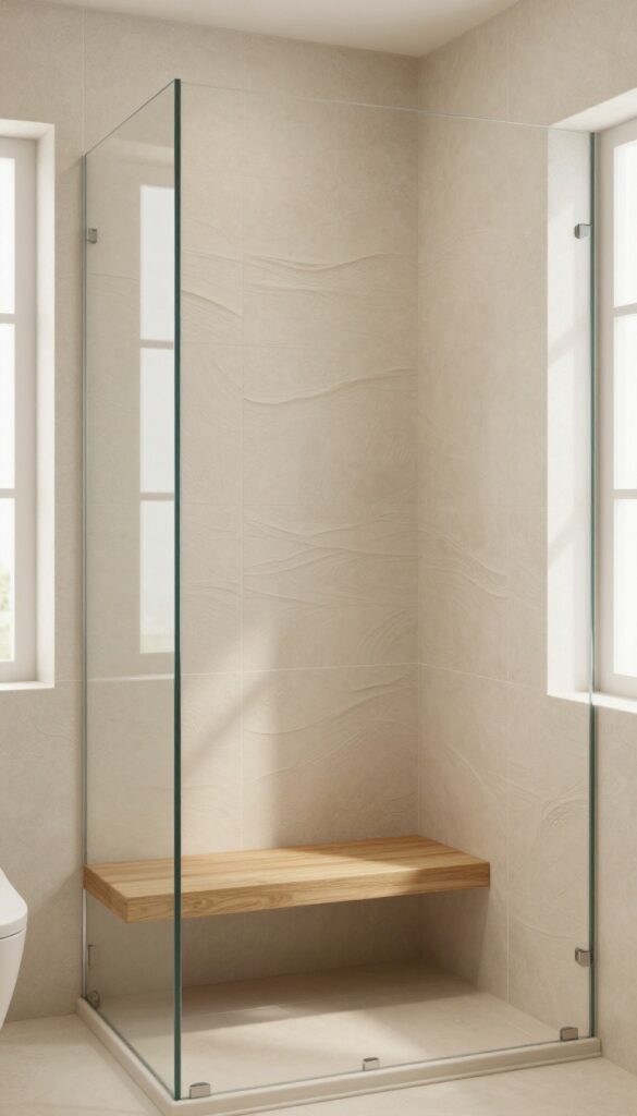 Textured tile shower with a simple wooden bench for a spa-like feel