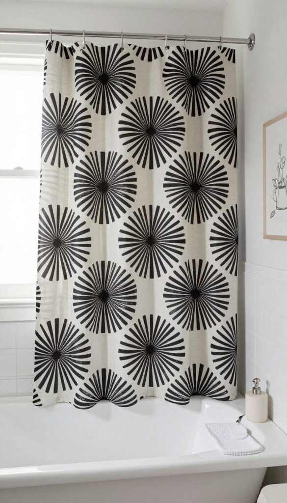 Bathroom with a black and white starburst shower curtain, retro geometric pattern, simple and stylish.