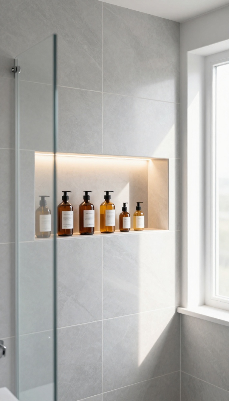 Modern master bathroom shower with an illuminated recessed niche displaying shampoo bottles, lit by a warm LED strip.