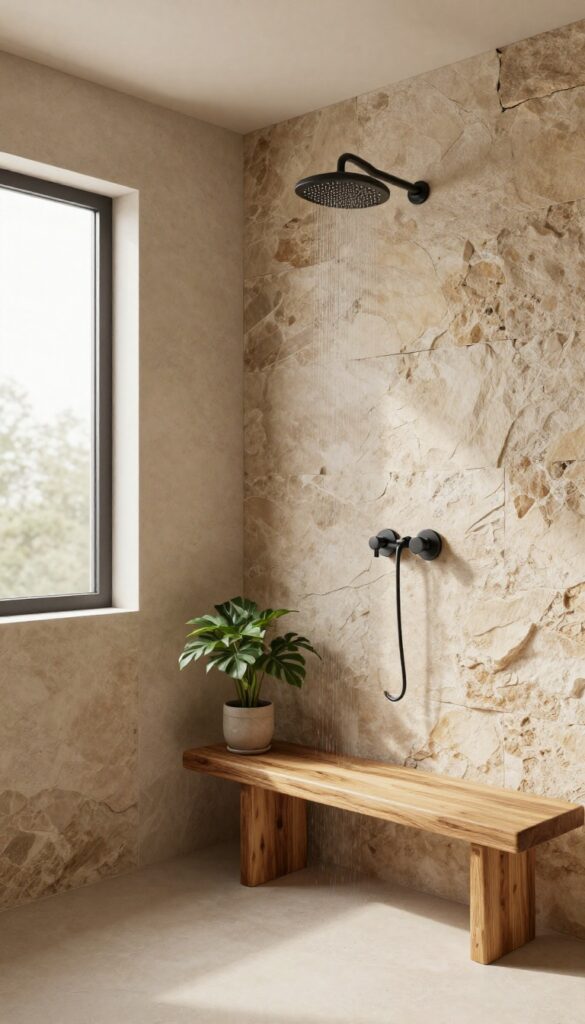 Bathroom shower surround with textured stone veneer, teak bench, and green plant