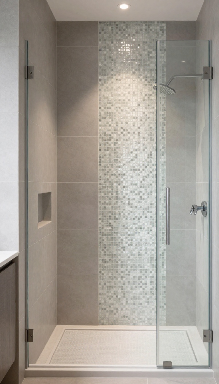 Modern bathroom shower with ceramic walls and a vertical glass mosaic accent strip, creating light and depth.