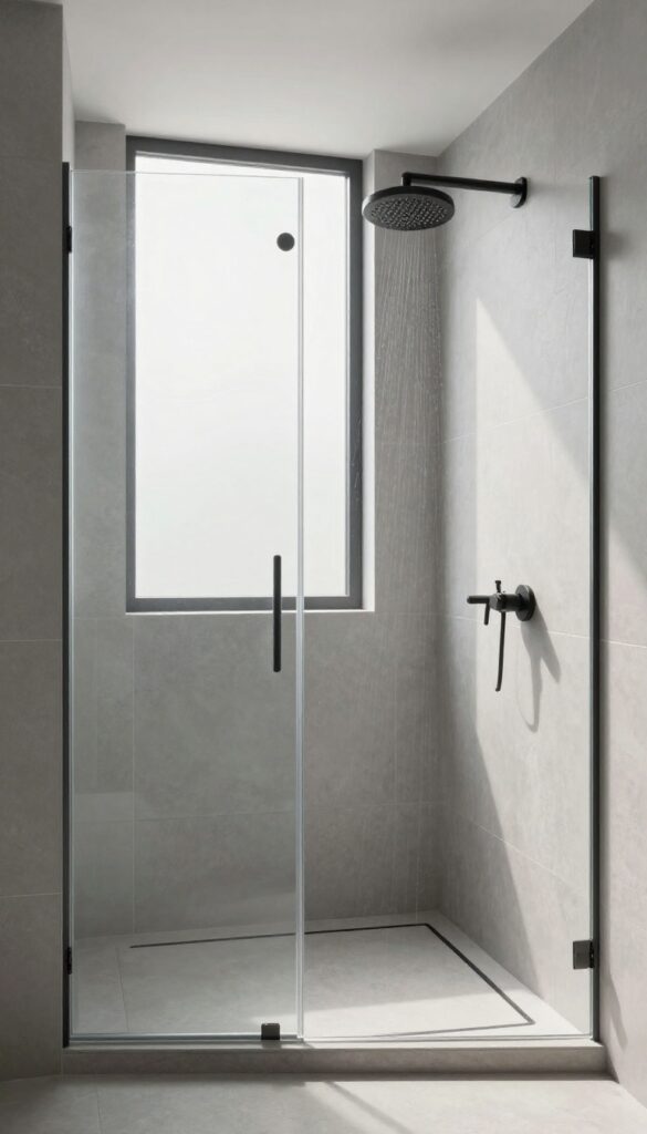 Modern walk-in shower with a flat floor and linear drain, featuring large gray tiles and a rain shower head in natural light.