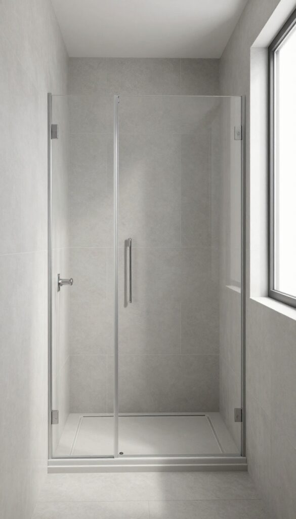 Small stand-up shower with large-format matte gray tiles, thin grout lines, and glass door, bright natural light