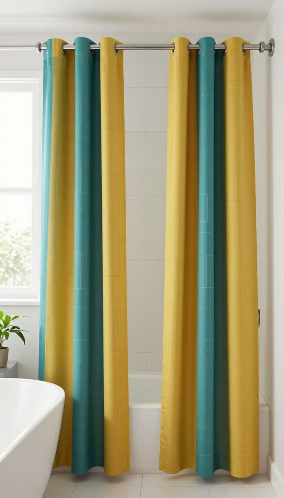 Two fabric shower curtains in bold pattern on a double rod in a bright bathroom