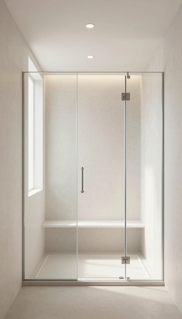 Walk-in shower with recessed ceiling lights, clean and bright