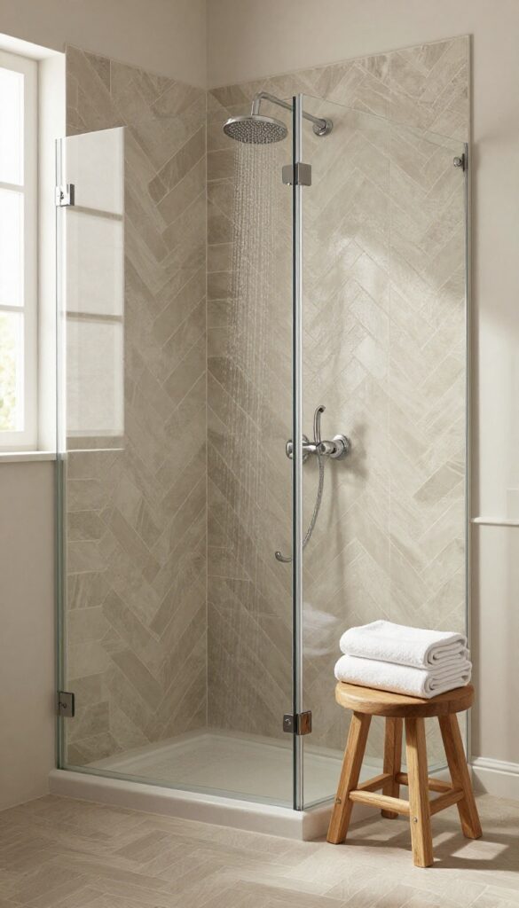Grey herringbone tile shower with warm natural light and wooden accents