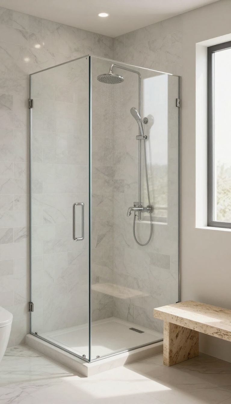 Rustic tumbled marble subway tile shower with natural light and glass enclosure