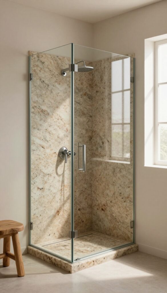 Walk-in shower with natural stone slab seat and frameless glass enclosure