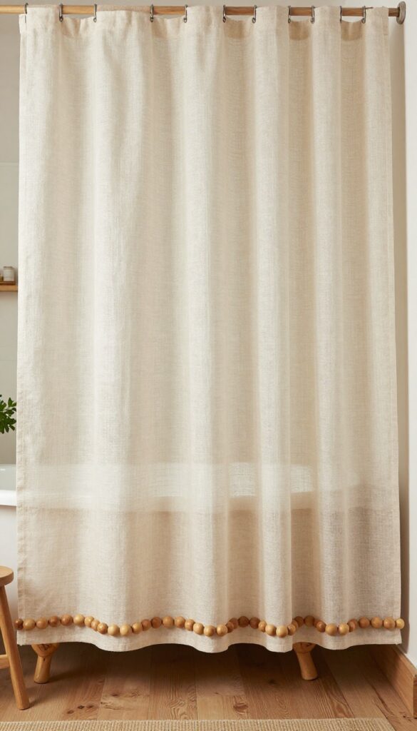 Rustic linen shower curtain with wooden bead trim in a bright, natural bathroom setting
