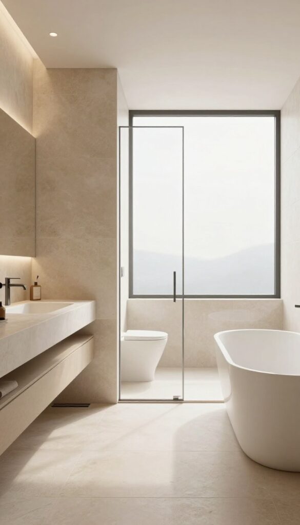 Open wet room bathroom with linear drain, freestanding tub, and warm stone tiles