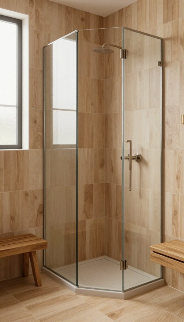 Warm wood-look tile shower surround in a bright, spa-like bathroom