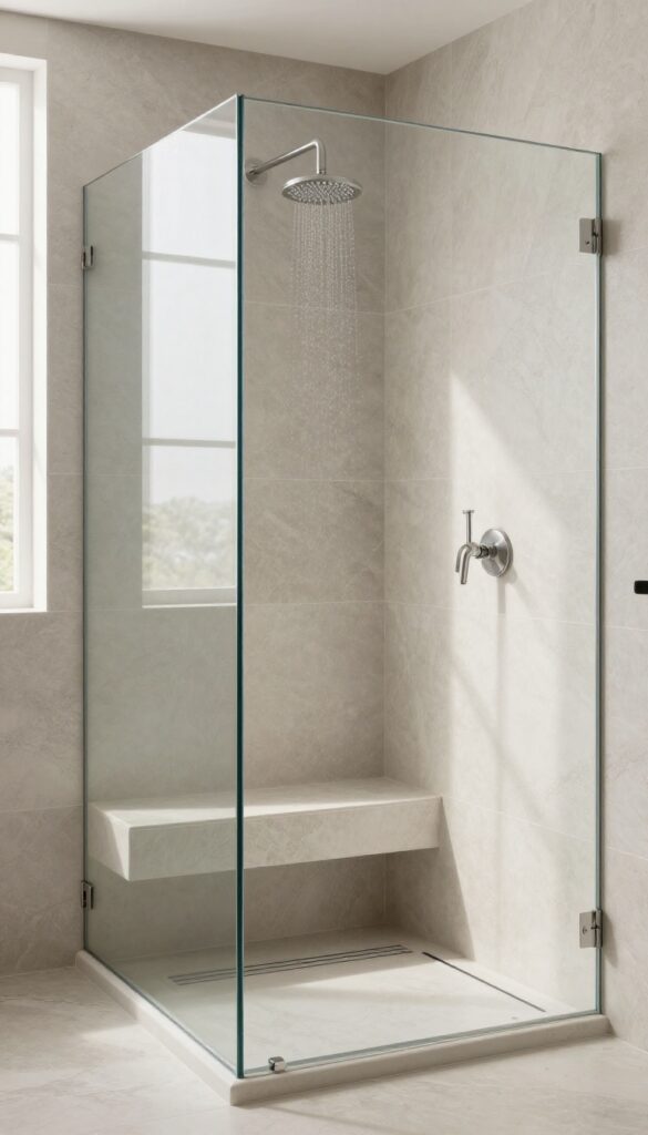 Large-format porcelain tile walk-in shower with a matching bench seat, seamless design, natural light, modern bathroom