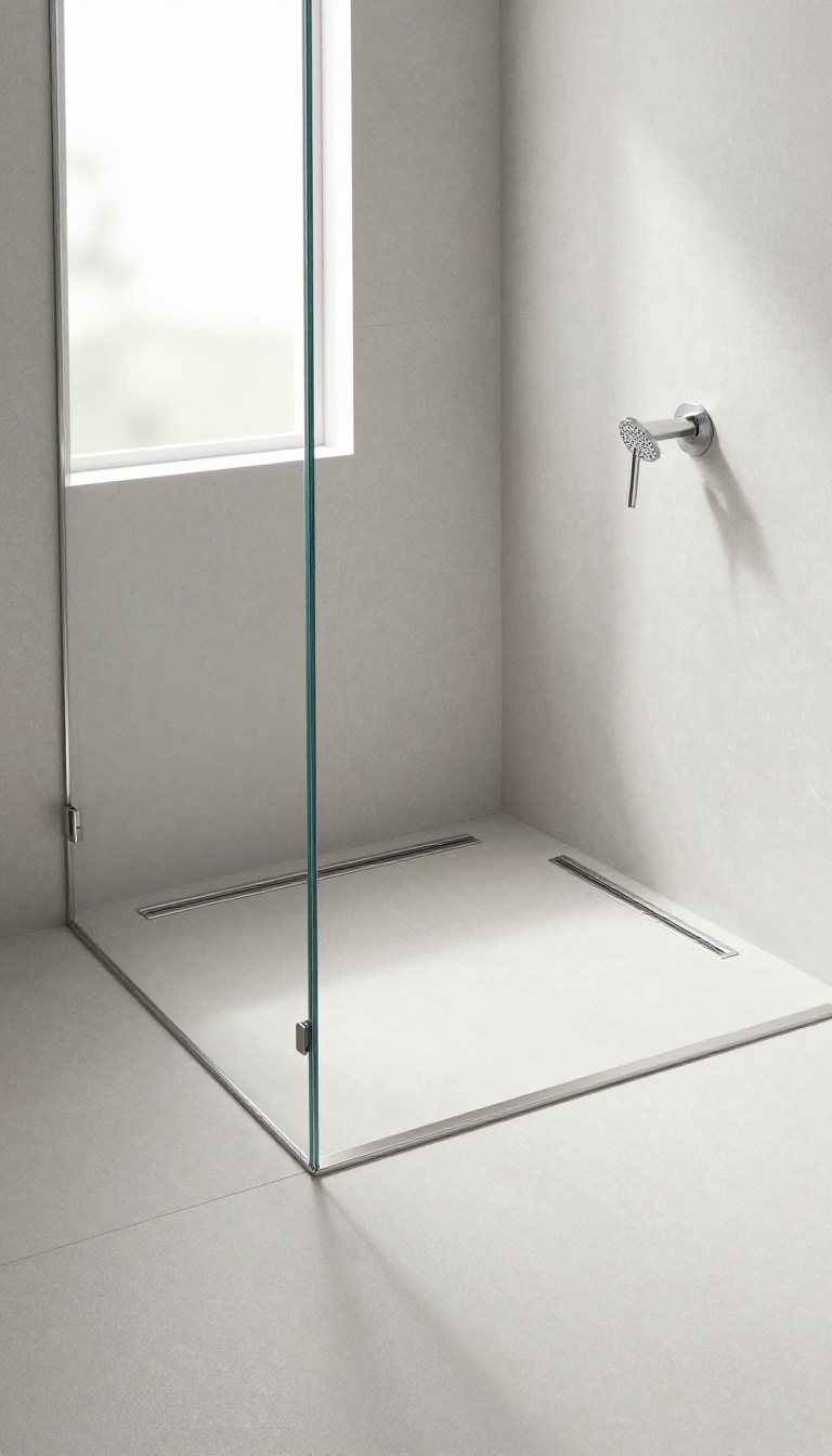 Modern bathroom shower with a sleek linear drain and flat tile floor