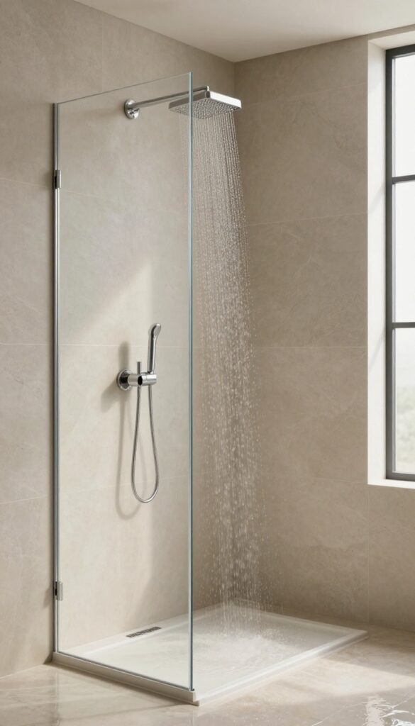 Modern bathroom shower with a wide waterfall spout creating a smooth sheet of water over natural stone tiles