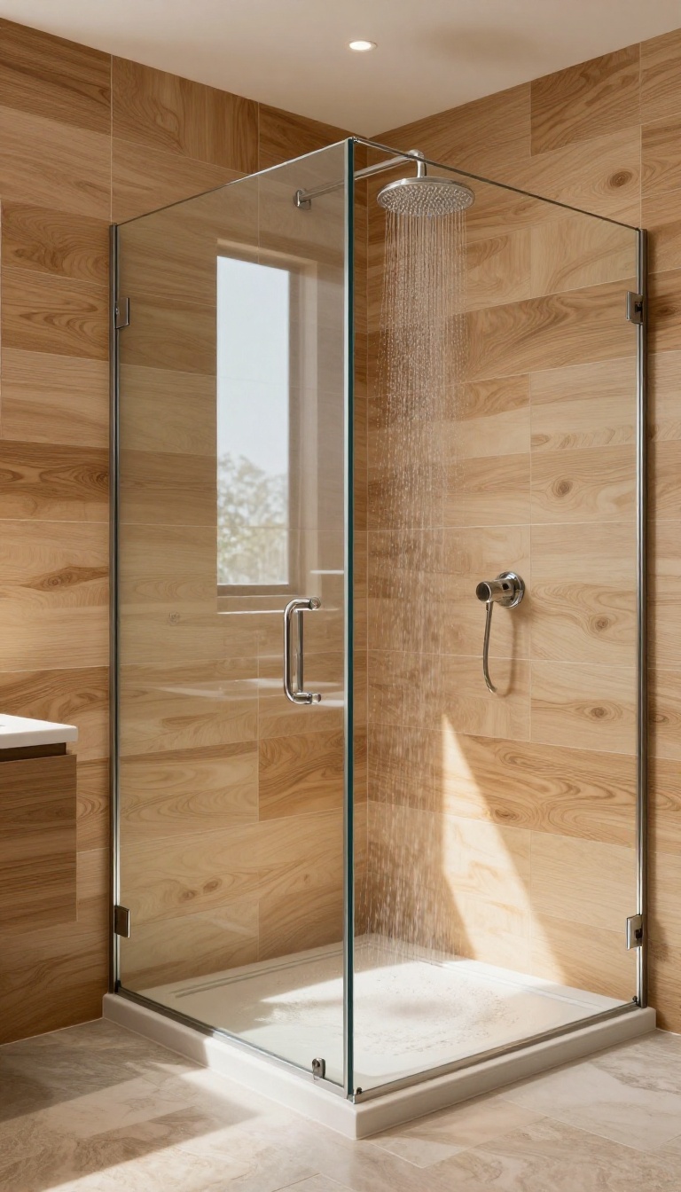Modern bathroom shower with wood-look tile walls and natural stone floor, bright natural light