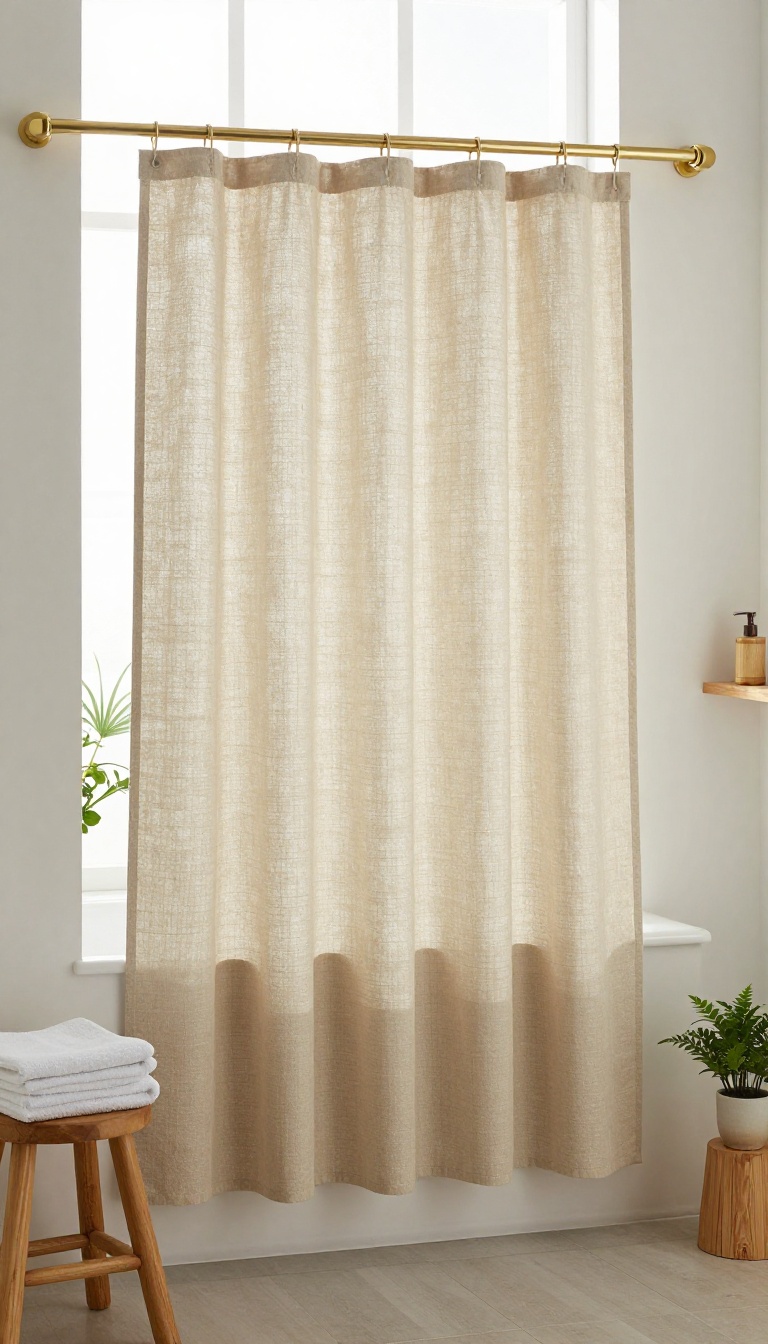Eco-friendly bathroom with a natural fiber shower curtain in a bright, serene setting