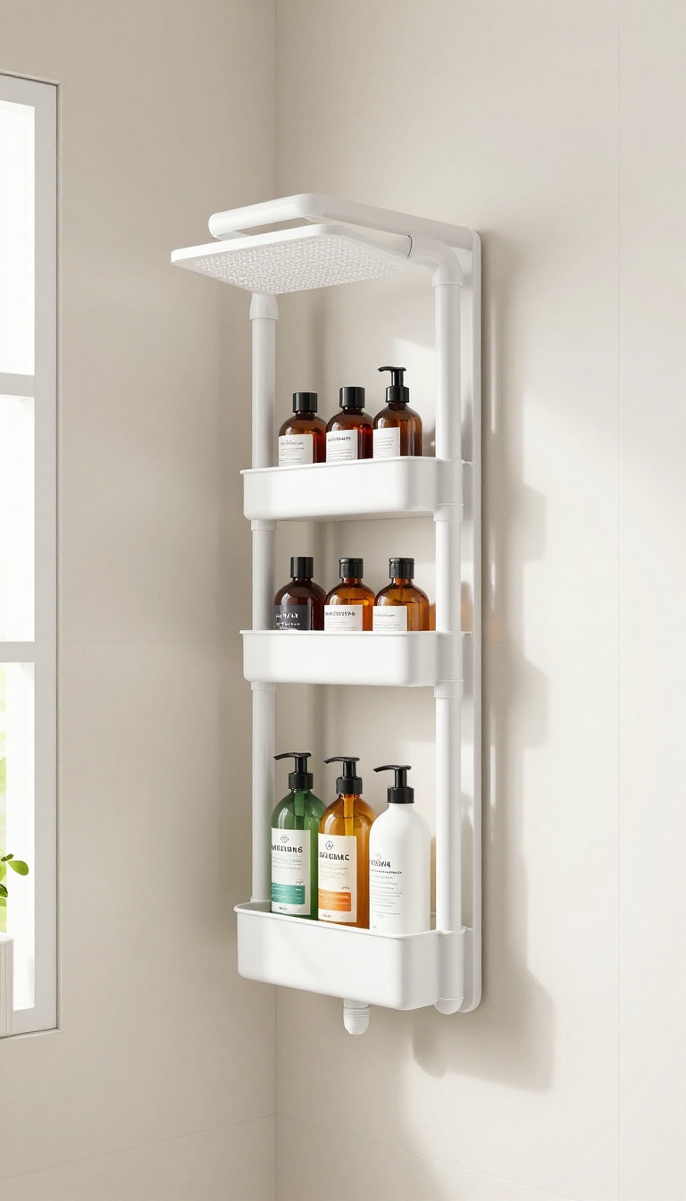 DIY PVC pipe shower caddy holding bottles in a bright, clean bathroom