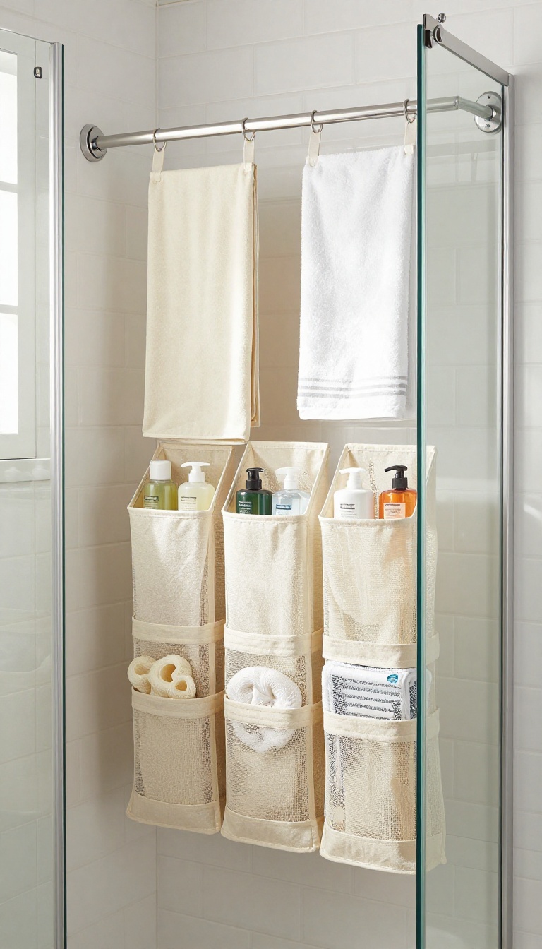 Tension rod with fabric bins in a shower for stylish storage