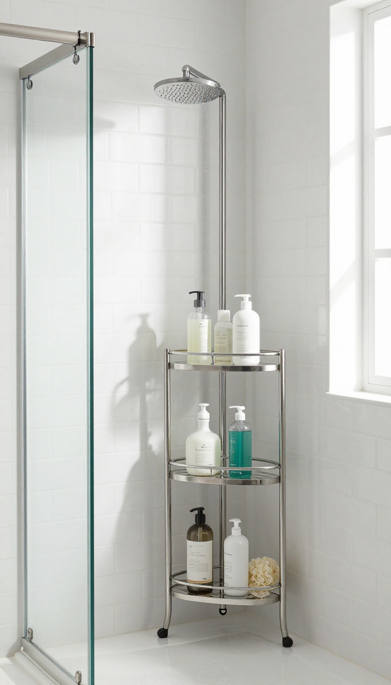 Corner shower caddy in a small modern bathroom with neatly organized toiletries